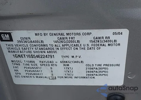 2004 Chevrolet Trailblazer Ext Lt from USA, damaged, VIN 1GNET16S546224791